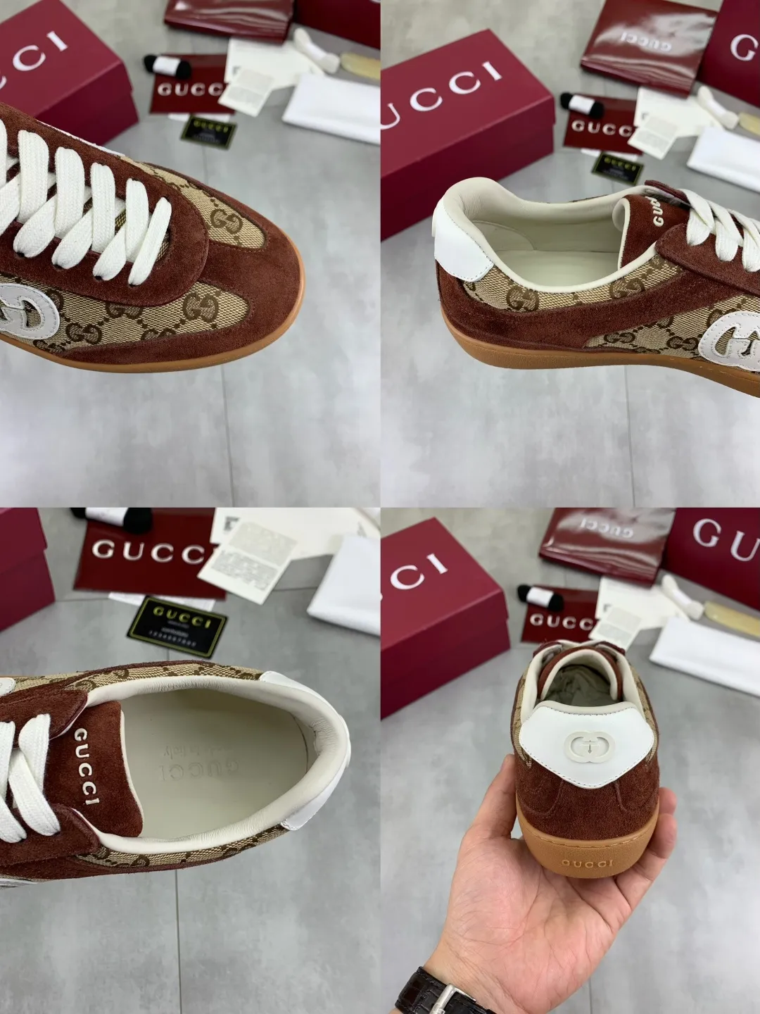 Men's shoes 💰P562 New GUCCI classic design moral training element catwalk model, matching version of top quality moral training shoes for men and women. Epoxy logo process is concave and convex, matching oil edge technology, punched cowhide cloth surface, suede cowhide surface splicing, breathable and not stuffy, the original overlasted shoe model is comfortable on the feet.  Fabric: Matched leather + cloth + mesh Lining: Water-dyed sheepskin Foot: Water-dyed sheepskin Outsole: Original molded TP matching environmentally friendly material Packaging: Top counter full set of packaging Female 35-42 (Female 41.42. Customized) Male 39-46 (46 customized)